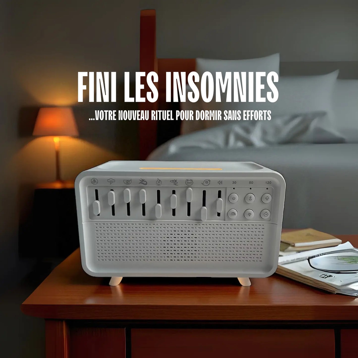 Diffuseur sonore CalmBox™ posé sur une table de chevet dans une chambre à coucher, avec texte 'Fini les insomnies – votre nouveau rituel pour dormir sans efforts'. Machine à bruit blanc avec curseurs de sons, lumière douce et minuterie. Solution naturelle contre les troubles du sommeil.