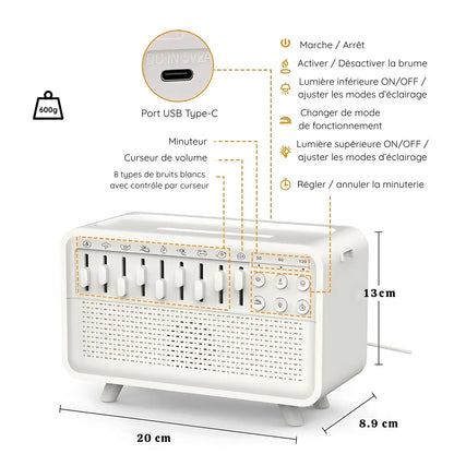 Diffuseur sonore multifonction CalmBox™ blanc avec 8 curseurs de sons naturels (pluie, feu, vent, oiseaux, etc.), minuterie réglable (30, 60, 120 min), lumière ambiante supérieure et inférieure ajustable, mode brume activable, port USB-C, haut-parleur intégré. Dimensions : 20 cm x 13 cm x 8,9 cm, poids 600g. Idéal pour le sommeil, la relaxation et la méditation